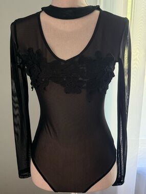 Black Sheer Mesh Floral Bodysuit with Choker / NWOT! / Size S